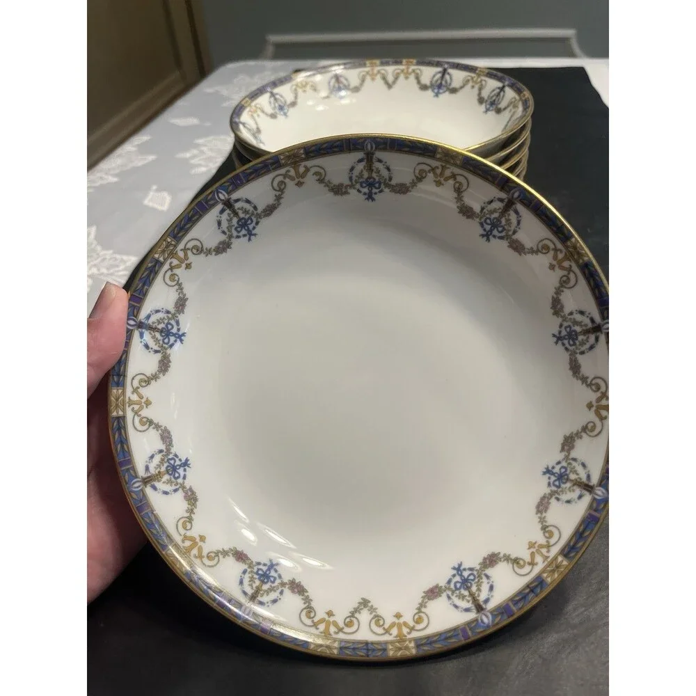 c1920’s Jean Pouyat Limoges Blue Ribbon Floral Garland Gold Rim 7.5” Soup Bowls